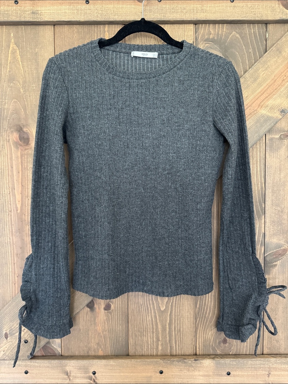 Mango Dark Gray Ribbed Knit Long-Sleeve Top with Tie Cuffs Size XS